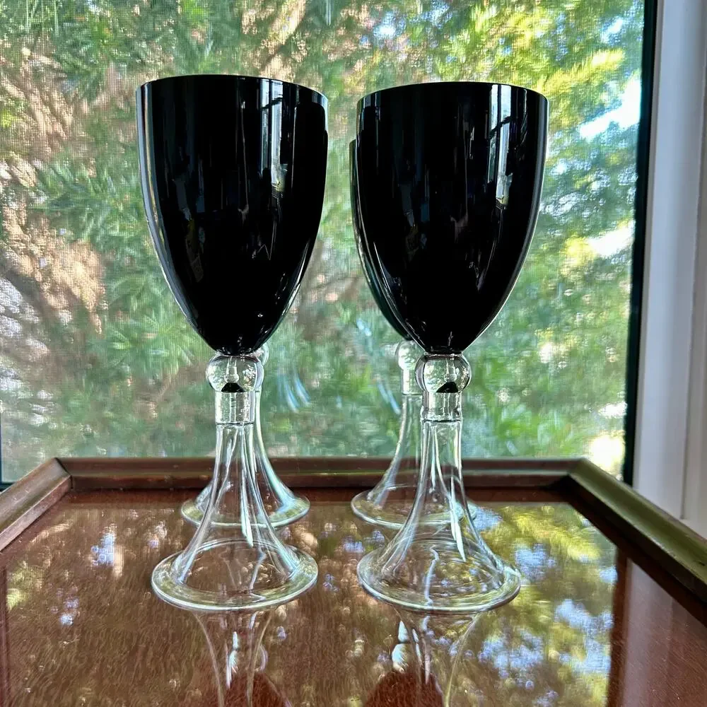 Set of 4 Pier 1 Imports Vintage Dante Black Wine Glasses Water Goblets